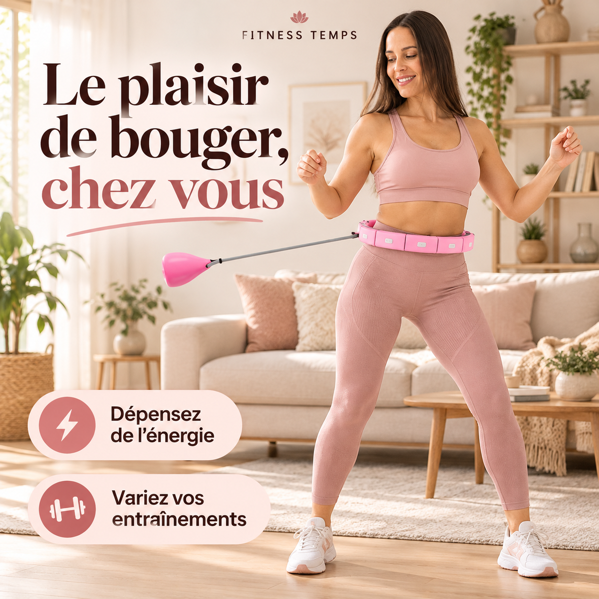 Séance de hula hoop fitness rose dans un salon lumineux