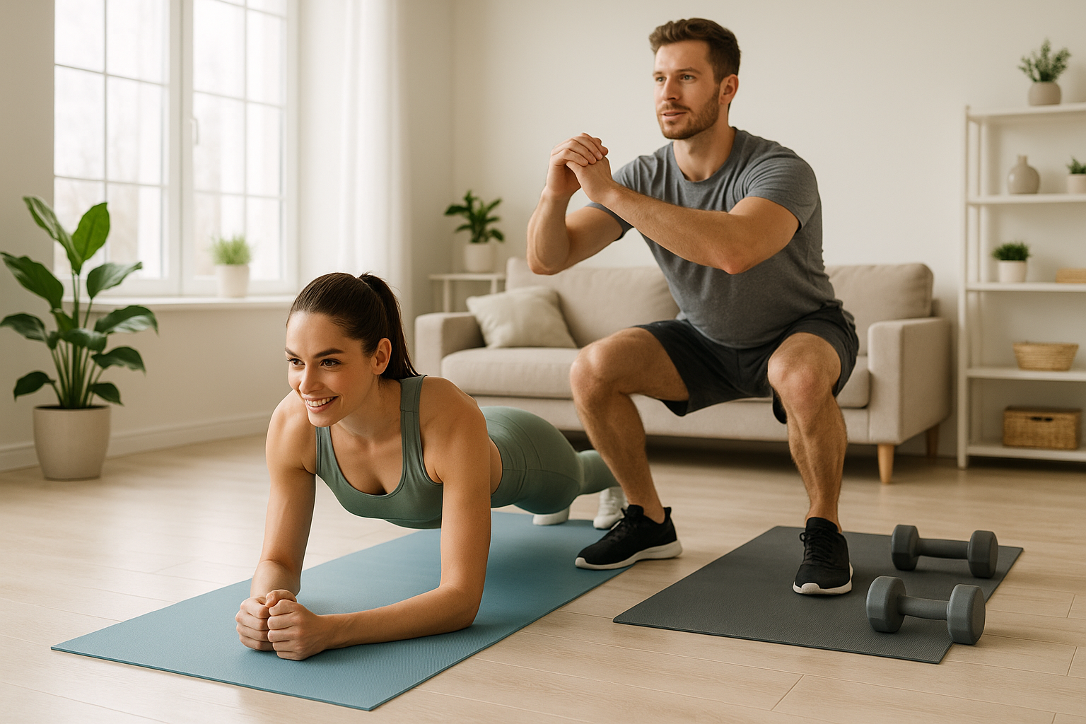 une image oĂč un homme et une femme font fitness Ă la maison