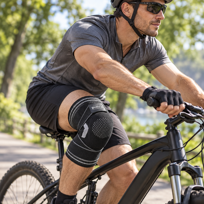 Genouillère ligamentaire noire portée à vélo en extérieur