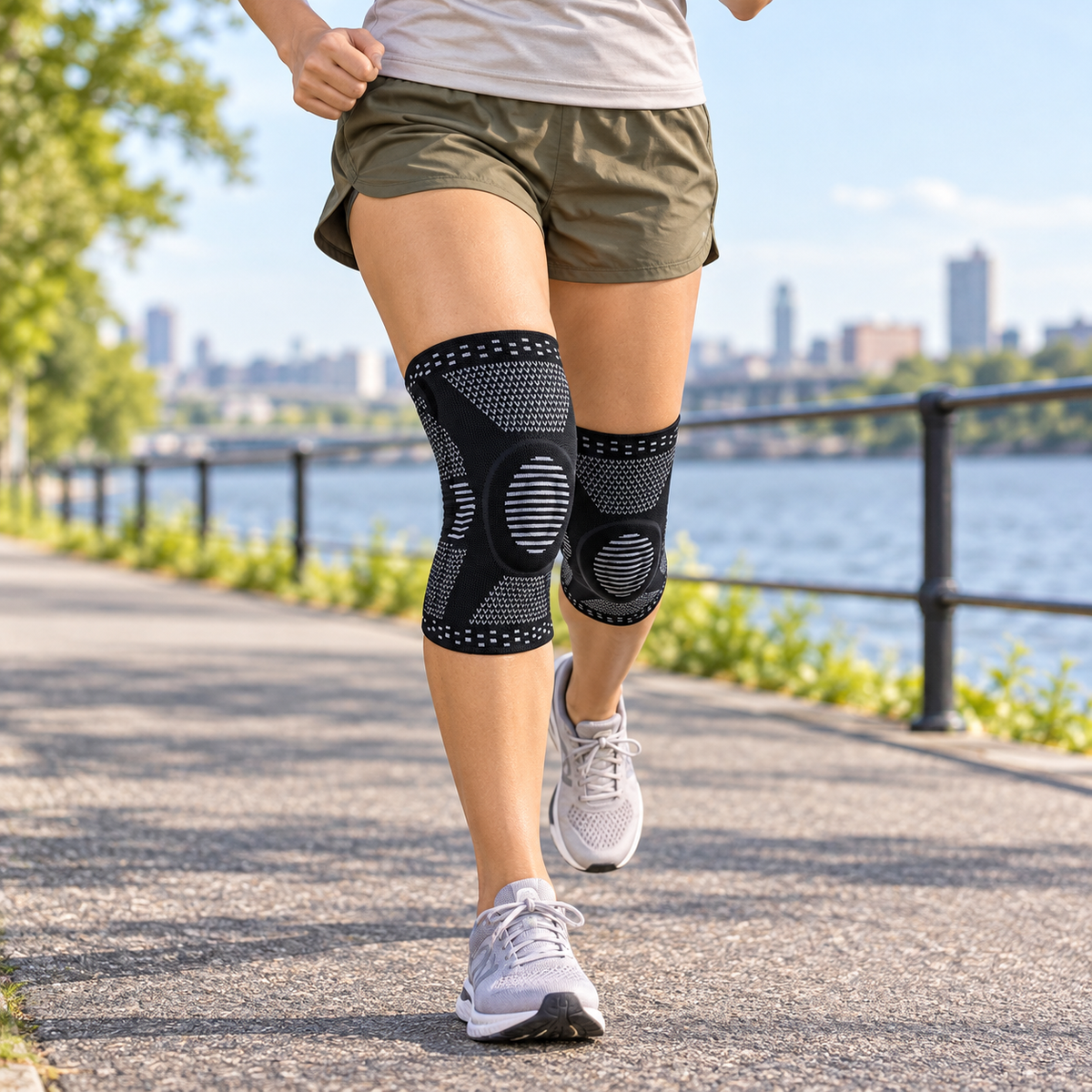 Genouillères noires portées par une femme pendant un jogging