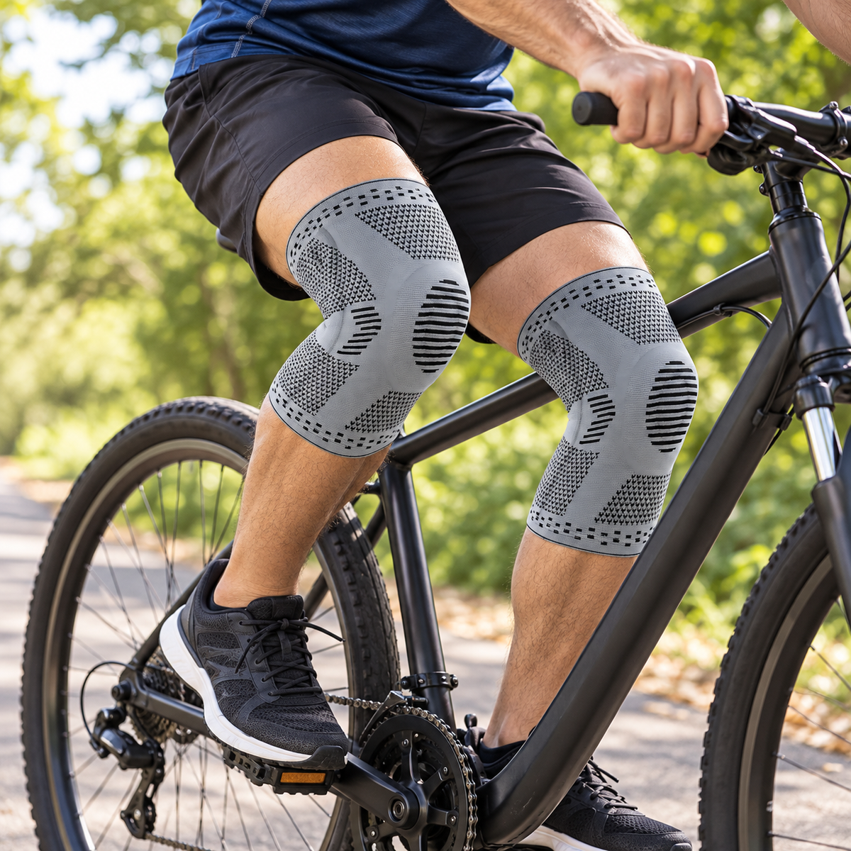 Genouillères grises portées par un homme à vélo en extérieur