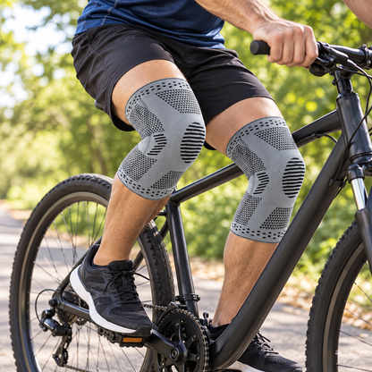Genouillères grises portées par un homme à vélo en extérieur