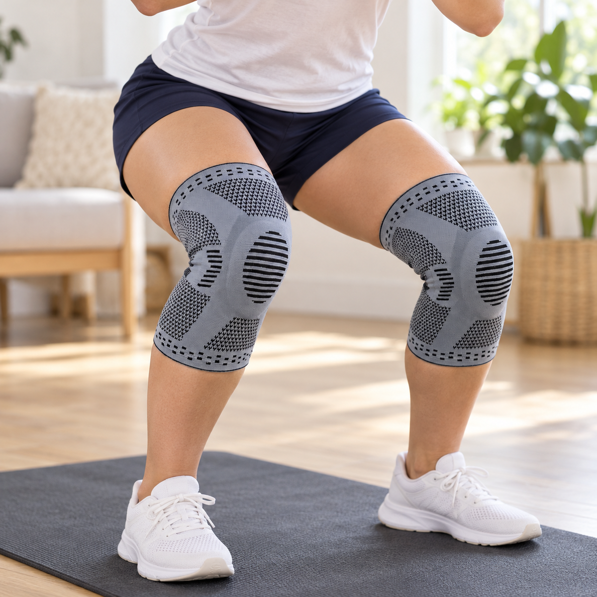 Genouillères grises portées pendant une séance de fitness à la maison