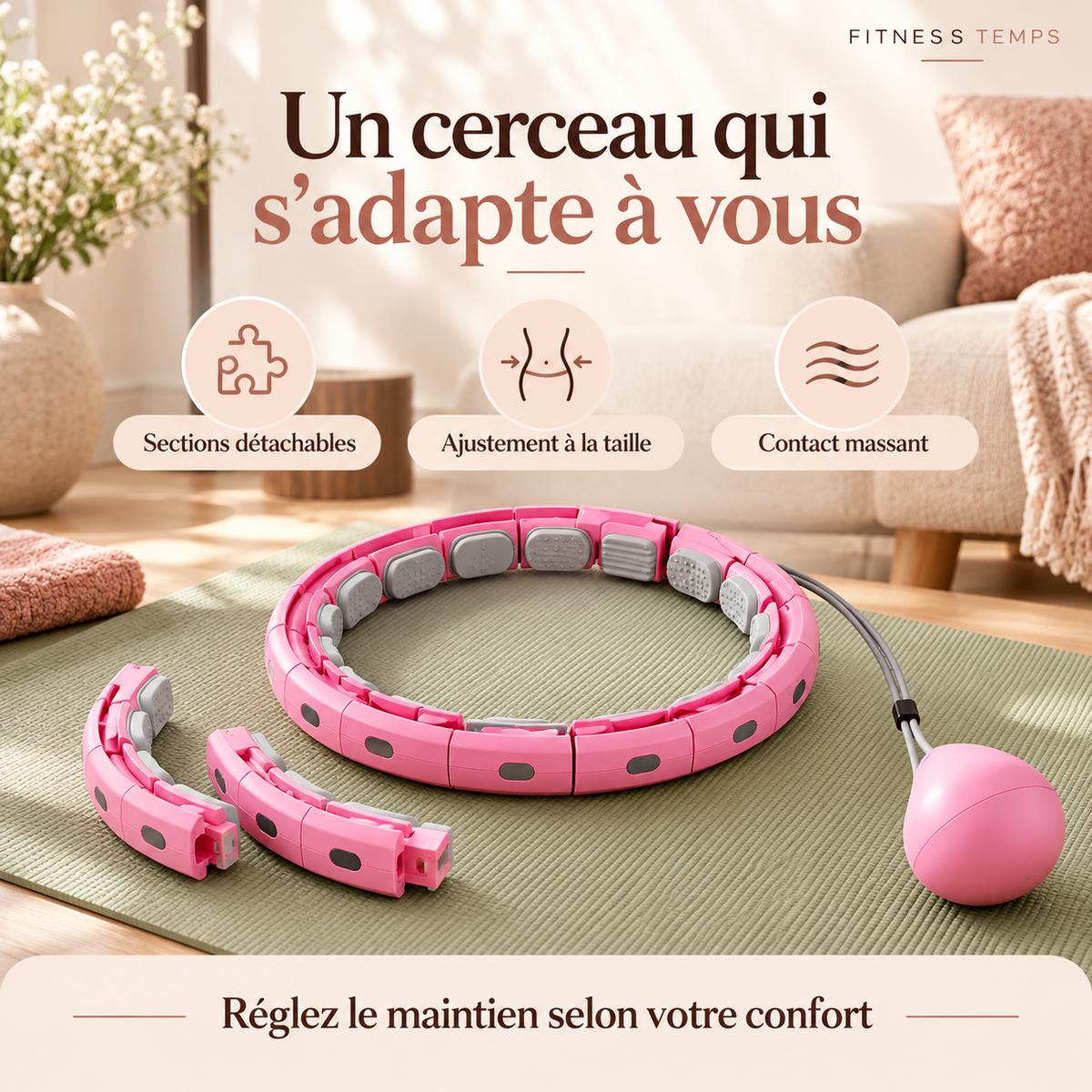 Hula hoop masseur rose : sections détachables et ajustement à la taille