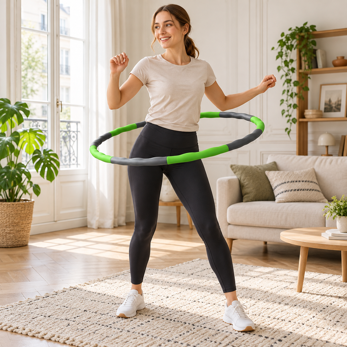 Séance de hula hoop vert et gris dans un salon lumineux