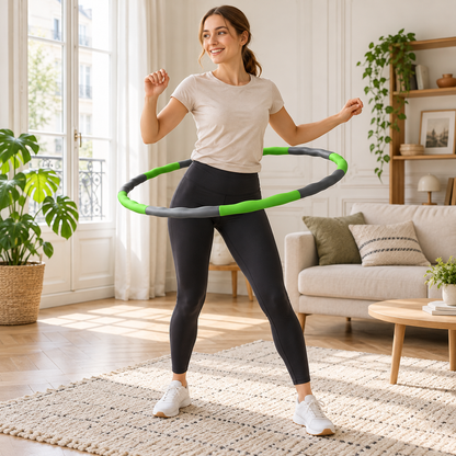 Séance de hula hoop vert et gris dans un salon lumineux